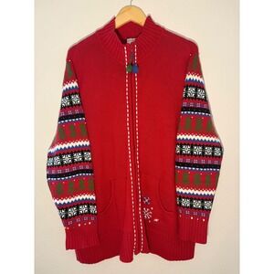 Quacker Factory Christmas Zip Front Cardigan Red Fair Isle Tree Sequin 1X A57386